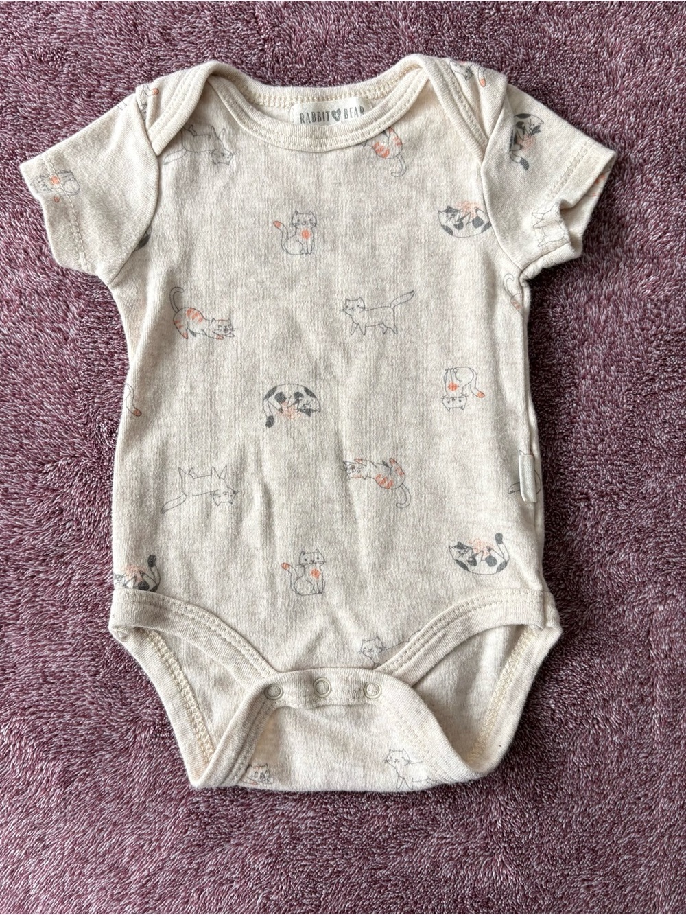 Rabbit & Bear Cream Cat-Print One-Piece Bodysuit